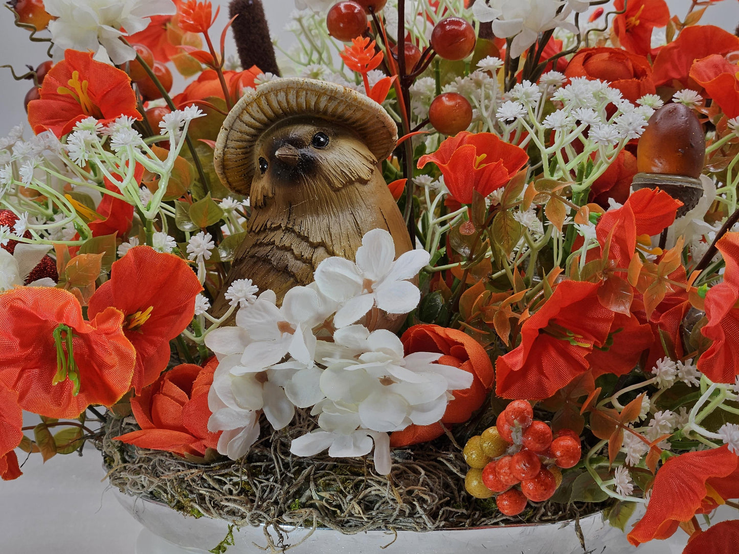 Pumpkin Floral Arrangement: Autumn Bird Garden Centerpiece